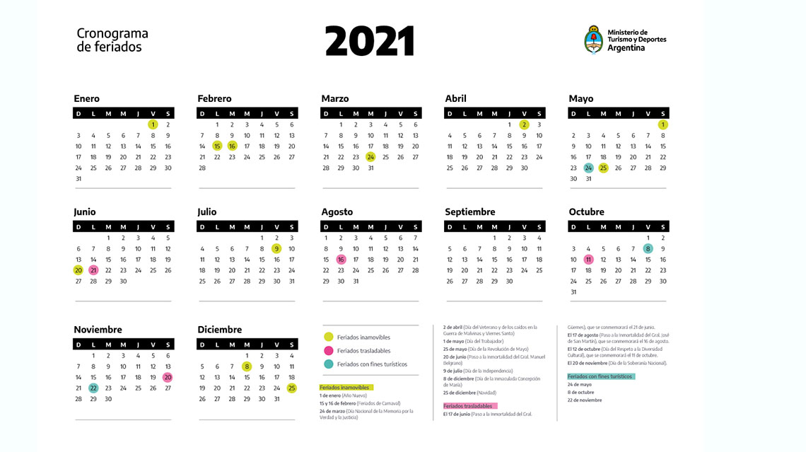Cronograma de feriados del 2021